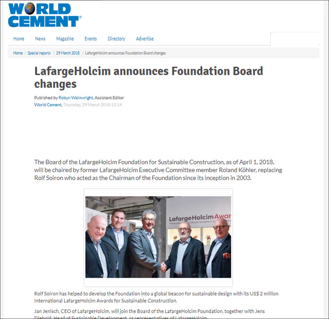 World cement, Lafarge Holcim announces Foundation Board changes - March 2018